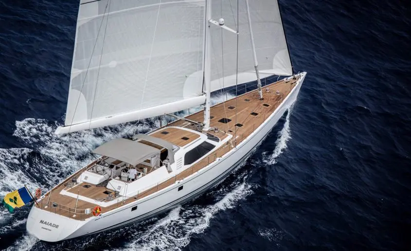 The yacht Naiade Swan under sail.